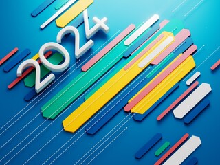 happy new year festival party, graphic abstract design. celebration geometric. happy decoration idea. 2024 number text. christmas art winter wallpaper. background sparkle rendering, 3d illustration