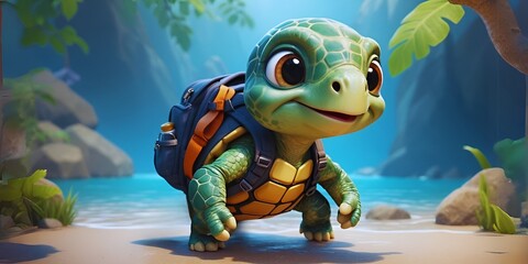 Cute baby turtle on adventure, Adventurous Little cute turtle, Cute baby animals, AI generated Images
