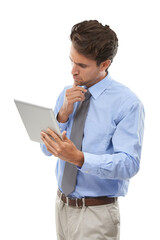 Thinking, businessman with tablet and report isolated on transparent png background. Digital app for market research with salesman, office worker or man with professional career, review or online job