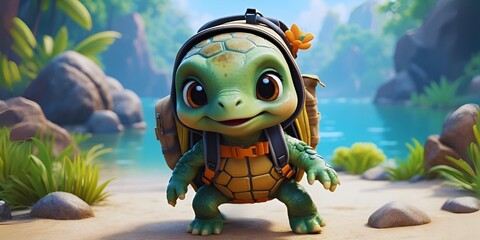 Cute baby turtle on adventure, Adventurous Little cute turtle, Cute baby animals, AI generated Images