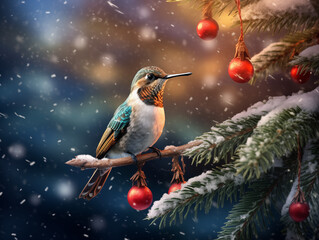 A Bee Hummingbird on a Christmas tree
