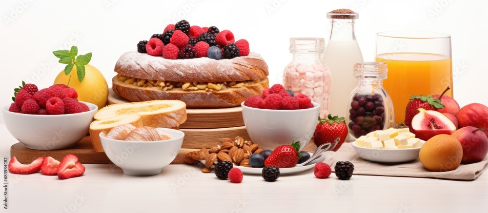 Sticker In a beautifully staged photograph, an assortment of healthy breakfast options is displayed on a wooden table against an isolated white background - including a tantalizing cake, freshly baked bread