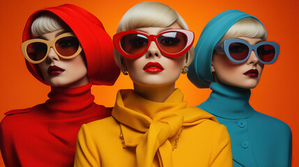 Three Women in Vibrant Clothing and Sunglasses. Fashion Style Cover Magazine and Wallpaper