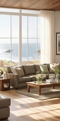 Modern living room interior design of a coastal house 05, Generative AI, Generative, AI