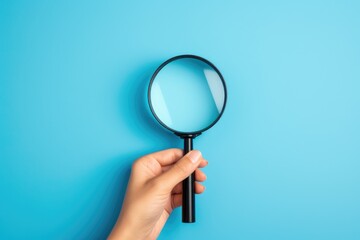 A female hand holding a magnifying glass isolated on a blue background.