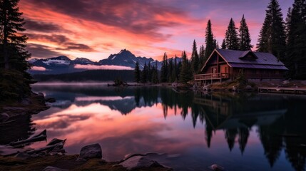 Fototapeta na wymiar Mountain wooden cabin on the edge of the lake at sunset