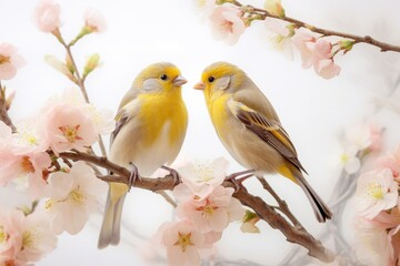 Pair of yellow birds in spring nature.