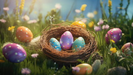 Obraz na płótnie Canvas Easter Egg Hunt in Vibrant Grass