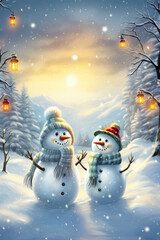 Schneemänner im sanften Abendlicht