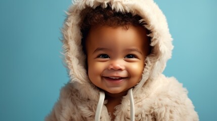 Joyful baby in a cozy bathrobe against a clear studio backdrop.