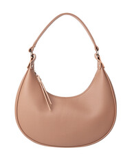 Brown eco-leather handbag isolated on white background. Half moon bag. Beige women's handbag, front view.