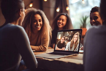 group of people at the bar in a video call, group of multiracial Friends meet on a video call