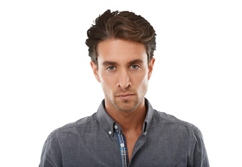 Man, portrait and serious with confidence for fashion, casual style and trendy isolated on png transparent background. Person, face or assertive with disappointment, unhappy expression or edgy outfit - obrazy, fototapety, plakaty