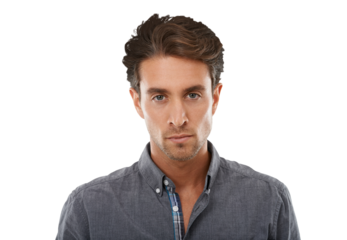 Man, portrait and serious with confidence for fashion, casual style and trendy isolated on png transparent background. Person, face or assertive with disappointment, unhappy expression or edgy outfit