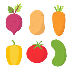 Vegetable icon set. Root, beet, carrot, potato, pepper, potatoes, tomato, paprika, cucumber. Kids education. Vegetables collection. Different colors. Flat design. White background