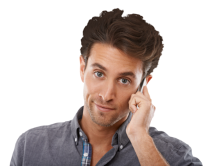 Man, portrait and phone call for communication, internet and isolated on transparent png background. Male person, face and connection or networking, smartphone and conversation or technology or chat