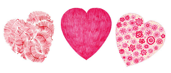 Set of three different pink hearts. Isolated on white background. The heart is filled with feathers. The heart is filled with subtle touches. And the heart in pink decorative flowers and yellow dots.