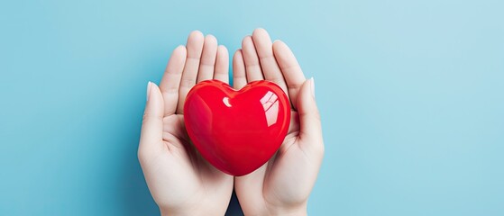 Two Hands Gently Holding a Small Red Heart Against Blue Background