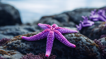 Close-up of a Purple Starfish on a rock. generative ai.
