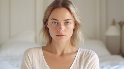Naklejka premium European woman enjoying a moment of relaxation in her home, captured while looking at the camera.