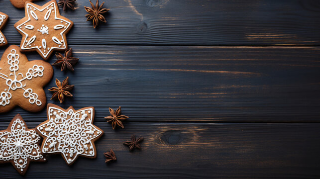 Gingerbread cookies with Jewish symbols on wooden background