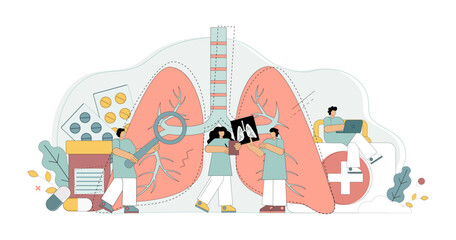 Lung treatment concept. Doctors with medical devices in medical gowns study lung disease treatment, diagnosis, therapy. Medical examination of the lungs