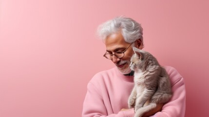 Studio shot of an elderly man and his cat against a warm background.