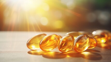 Vitamin D capsule tablets in sunlight. Omega 3 fish oil capsules and a glass bottle golden bokeh web banner background