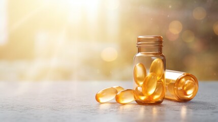 Vitamin D capsule tablets in sunlight. Omega 3 fish oil capsules and a glass bottle golden bokeh web banner background