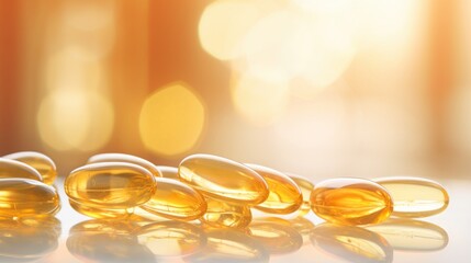 Vitamin D capsule tablets in sunlight. Omega 3 fish oil capsules and a glass bottle golden bokeh web banner background