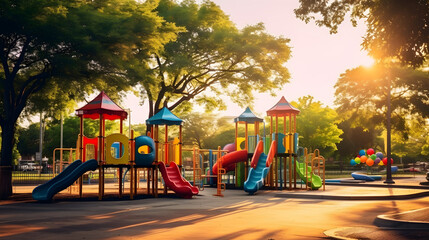 Colorful children playground activities in public park surrounded by green trees at sunset in...