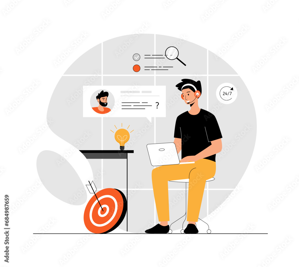 Poster customer service. online technical support. call center agent man with headset working on the suppor