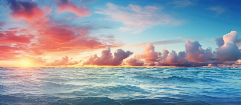 As the summer sun sets against a vibrant tropical sky, the breathtaking beauty of the blue sea and white waves create a stunning backdrop, with the water reflecting the colors of the sky in perfect