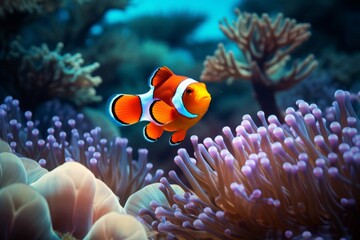 Naklejka na ściany i meble Amphiprion ocellaris clown fish and anemone in the sea