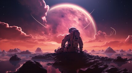Astronaut exploring purple planet, - obrazy, fototapety, plakaty