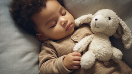 Healthcare theme captured: baby napping on a contemporary couch with a plush toy.