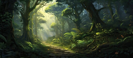 As the sunlight filtered through the dense canopy of trees, the road snaked its way through the sylvan landscape, its green line blending seamlessly with the surrounding nature, welcoming explorers to - obrazy, fototapety, plakaty