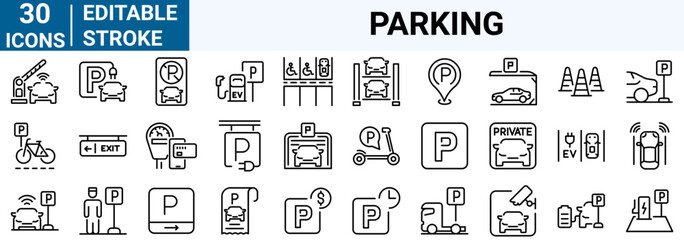 set of 30 line web icons Parking. Icons included are garage, valet, paid parking, recorder, elevator, security camera and more. Editable stroke.