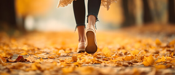 Woman in jeans and boots walking on autumn park. Closeup of the feet. Autumn fashion concept, autumn trend. Generative AI