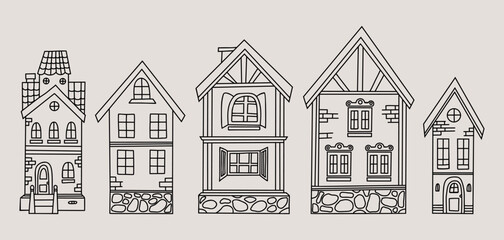 Collection outline houses doodles. Urban and rural architecture. Vector illustration. Isolated hand drawings.