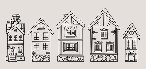 Fototapeta premium Collection outline houses doodles. Urban and rural architecture. Vector illustration. Isolated hand drawings.