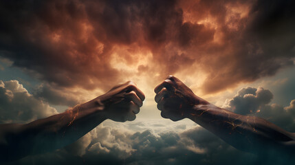 Fight, two fists hitting each other over dramatic sky. generative ai. - obrazy, fototapety, plakaty