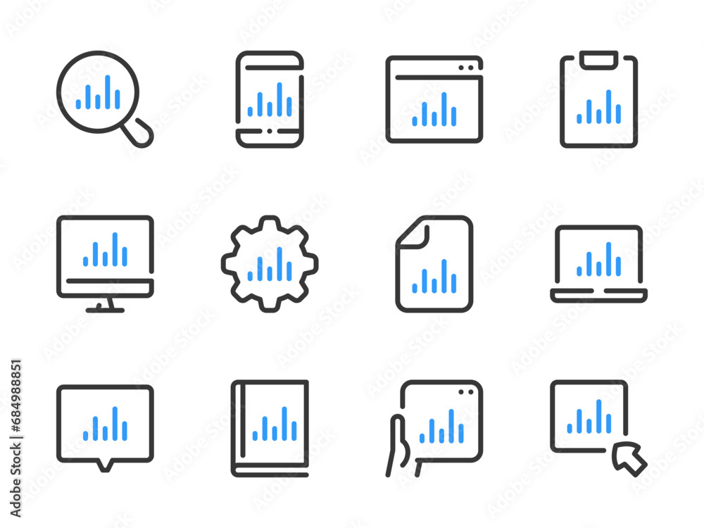 Poster efficiency and financial analytics vector line icons. performance report and data chart outline icon