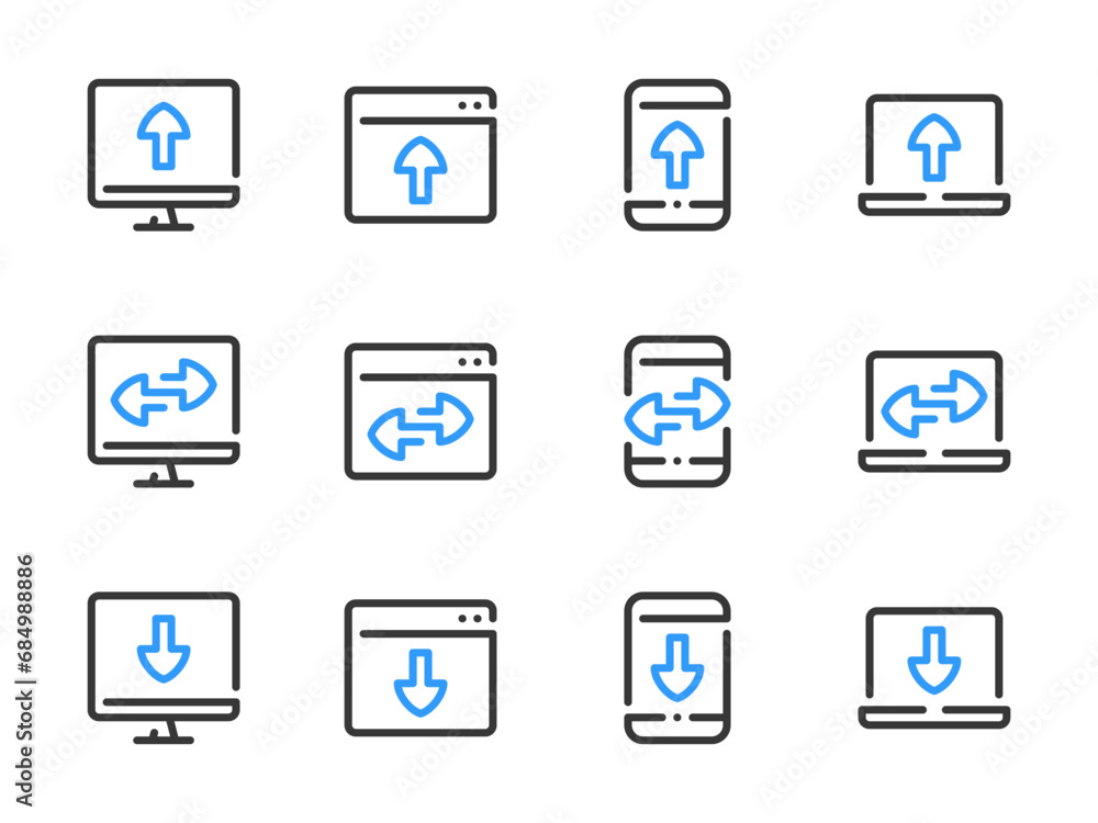 Poster synchronization and data exchange vector line icons. download and upload to devices outline icon set