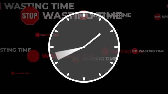 Round classic clock on solid black background spinning fast, time running out stop wasting time concept animation. Alpha channel included