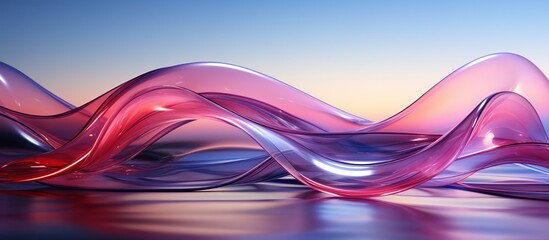 abstract background in nature landscape. Transparent glossy glass ribbon on water. Holographic curved wave in motion. Purple gradient design element for banner background,