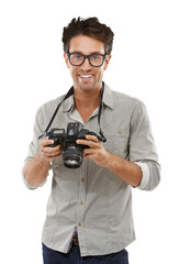 Man, portrait and camera as creative photographer for professional skill practice, lens hobby or isolated on transparent png background. Male person, face and digital equipment for press or paparazzi