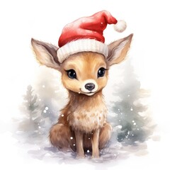 Fototapeta na wymiar Delightful fawn with Christmas hat, gentle eyes, and striped neckwear, snow-dusted pine trees adorning the backdrop. Winter fantasy and animal portrayal.