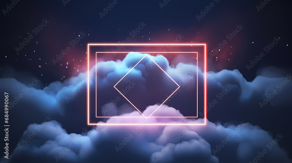 Poster abstract futuristic background with neon geometric shape and stormy cloud on night sky. rhombus fram