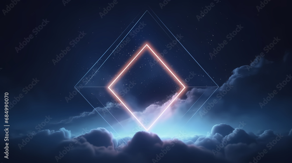 Fototapete abstract futuristic background with neon geometric shape and stormy cloud on night sky. rhombus fram